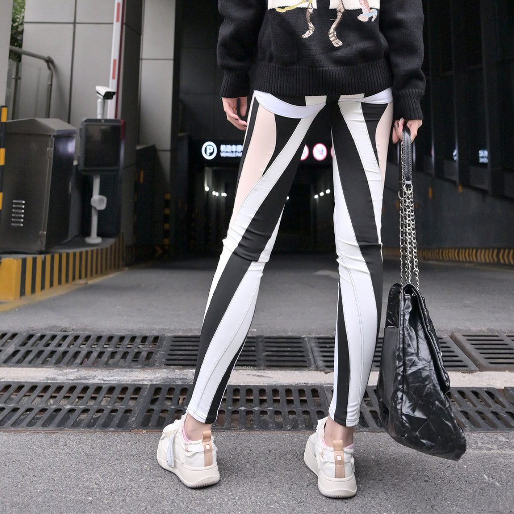 High waisted elastic splicing design, elastic waistband leggings, high-end women's clothing, light luxury, niche