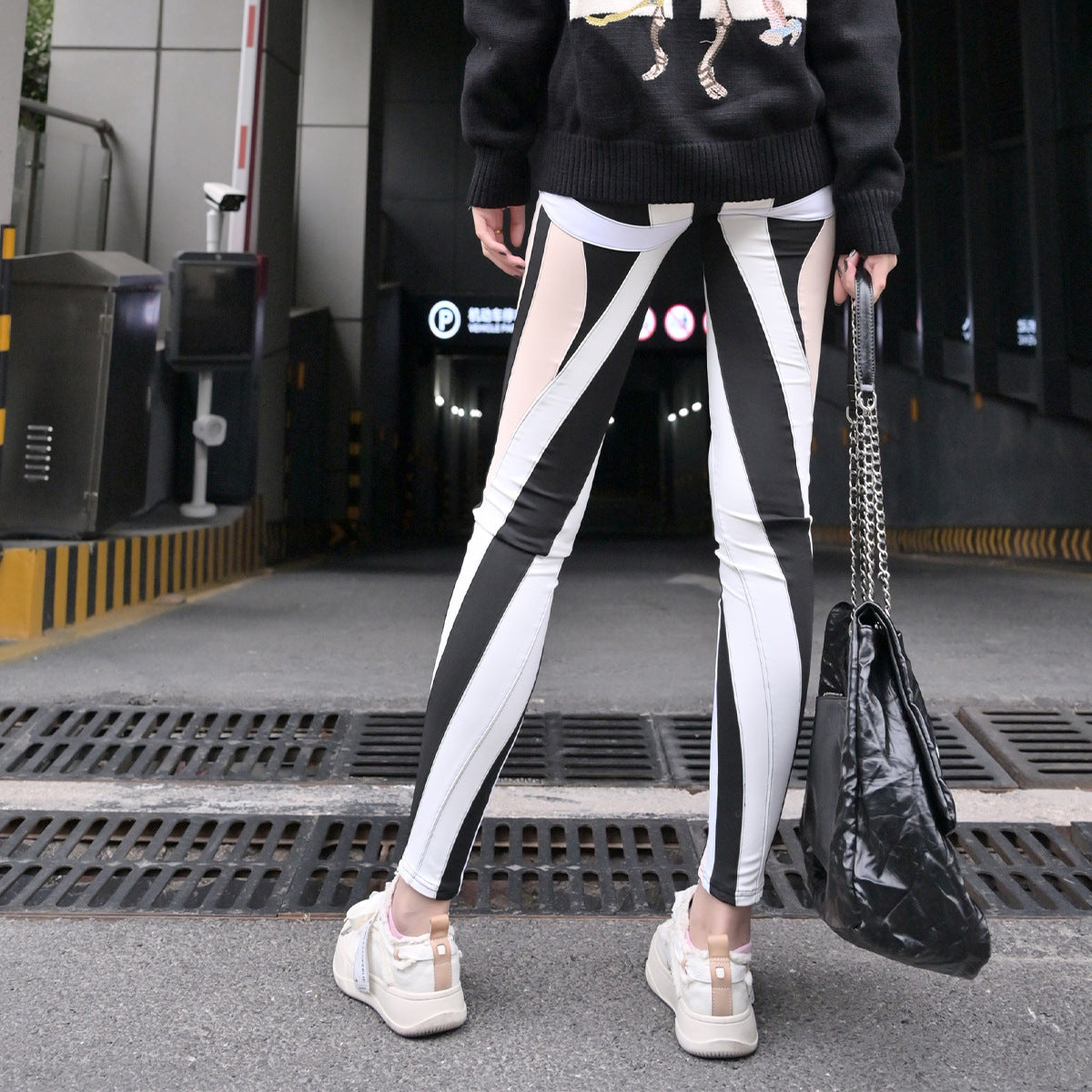 High waisted elastic splicing design, elastic waistband leggings, high-end women's clothing, light luxury, niche
