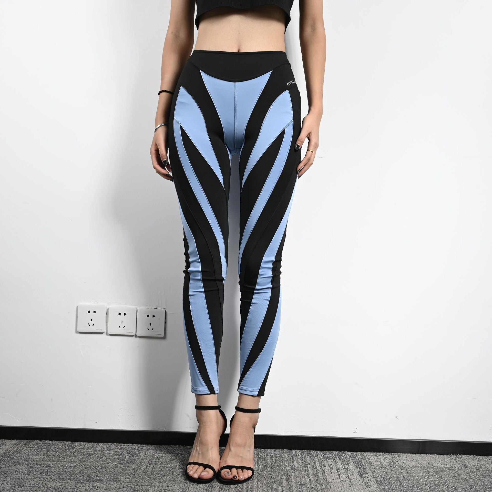 High waisted elastic splicing design, elastic waistband leggings, high-end women's clothing, light luxury, niche