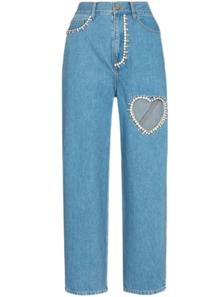 Hollow Out Jeans Heart Shaped Diamond Loose Straight High Street Style Ankle Length Women Pants