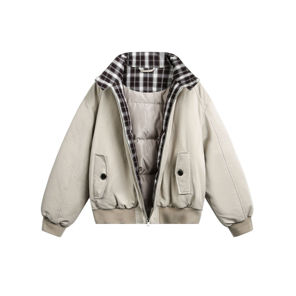 Stand-up Collar Plaid Lining Workwear Style White Duck Down Winter Coat