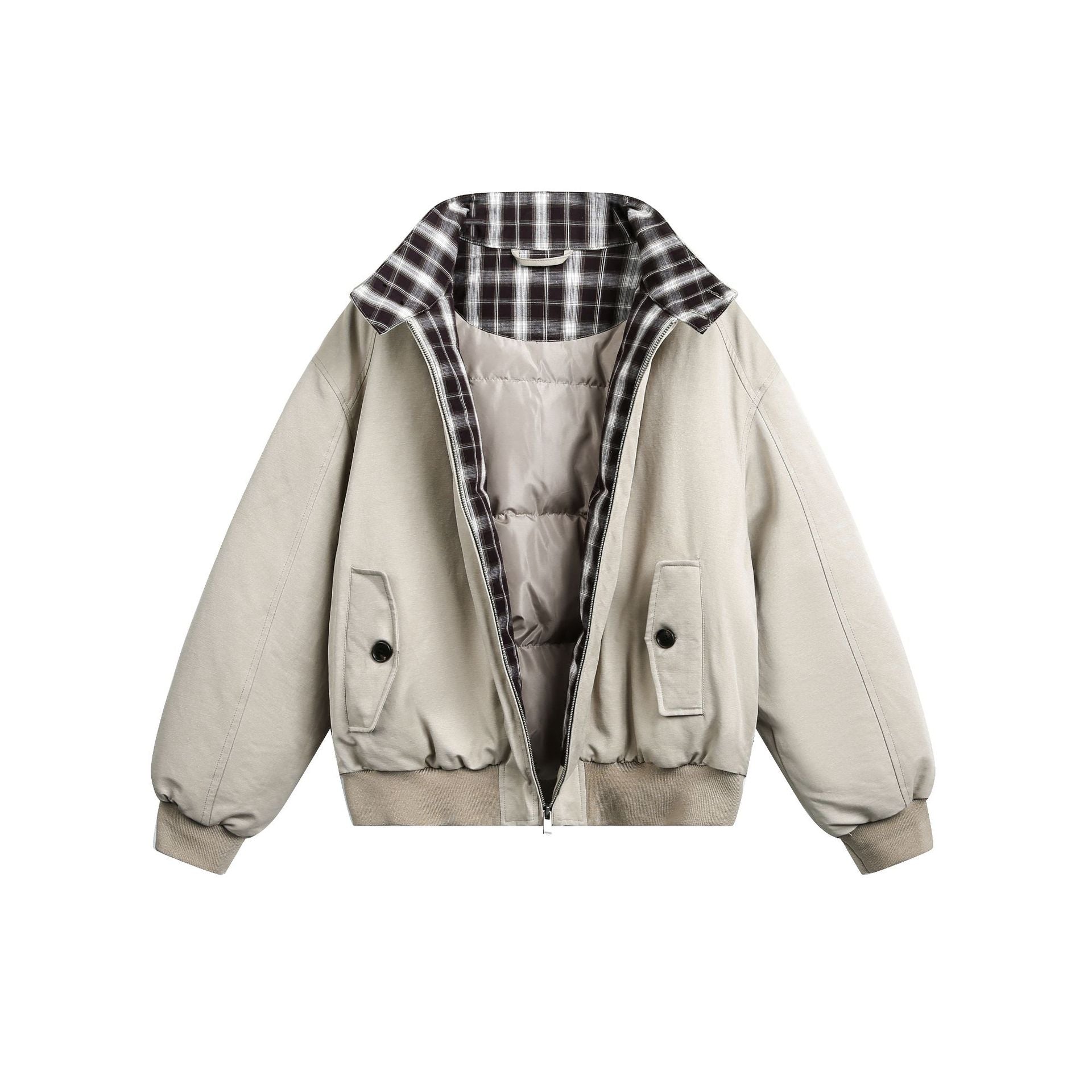 Stand-up Collar Plaid Lining Workwear Style White Duck Down Winter Coat