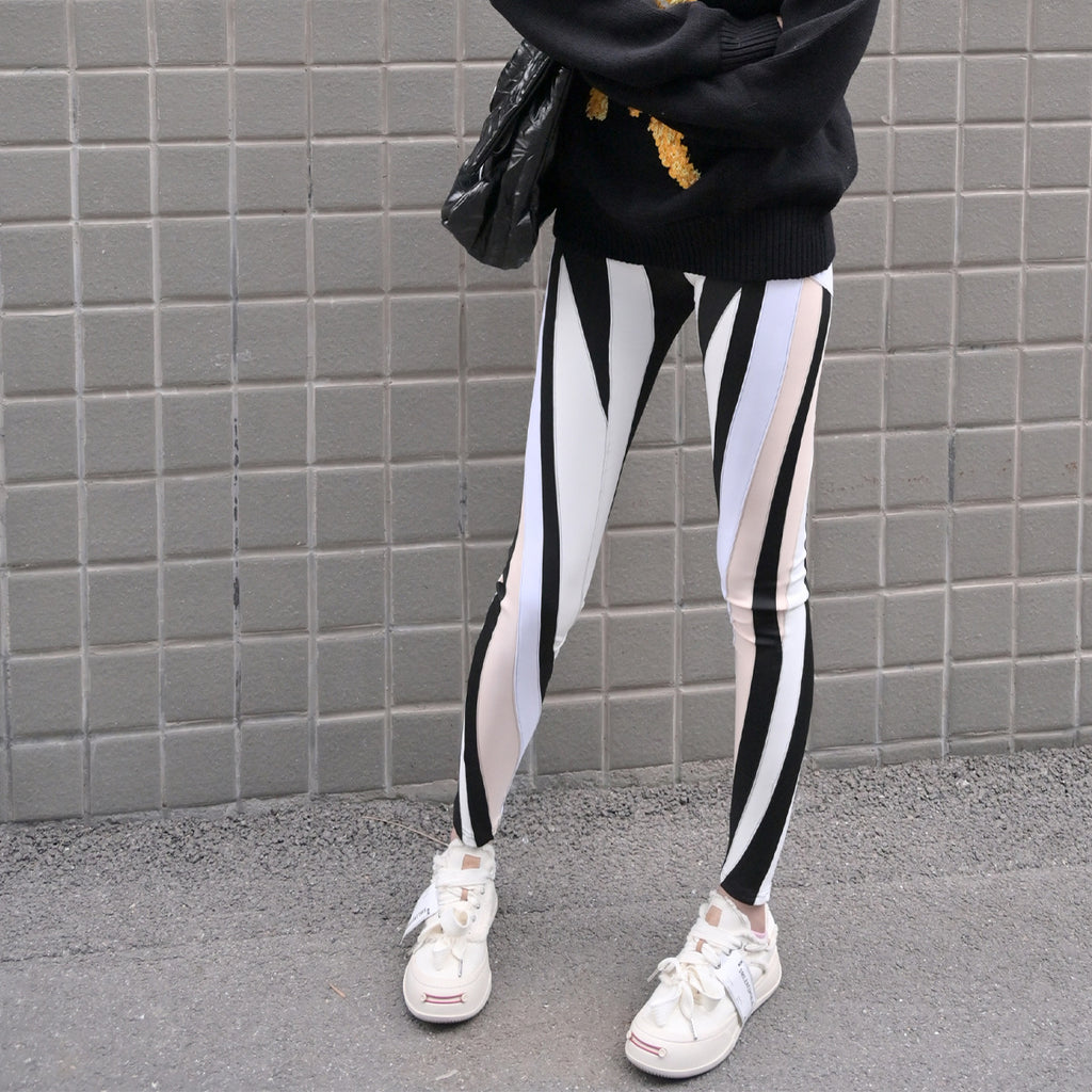 High waisted elastic splicing design, elastic waistband leggings, high-end women's clothing, light luxury, niche