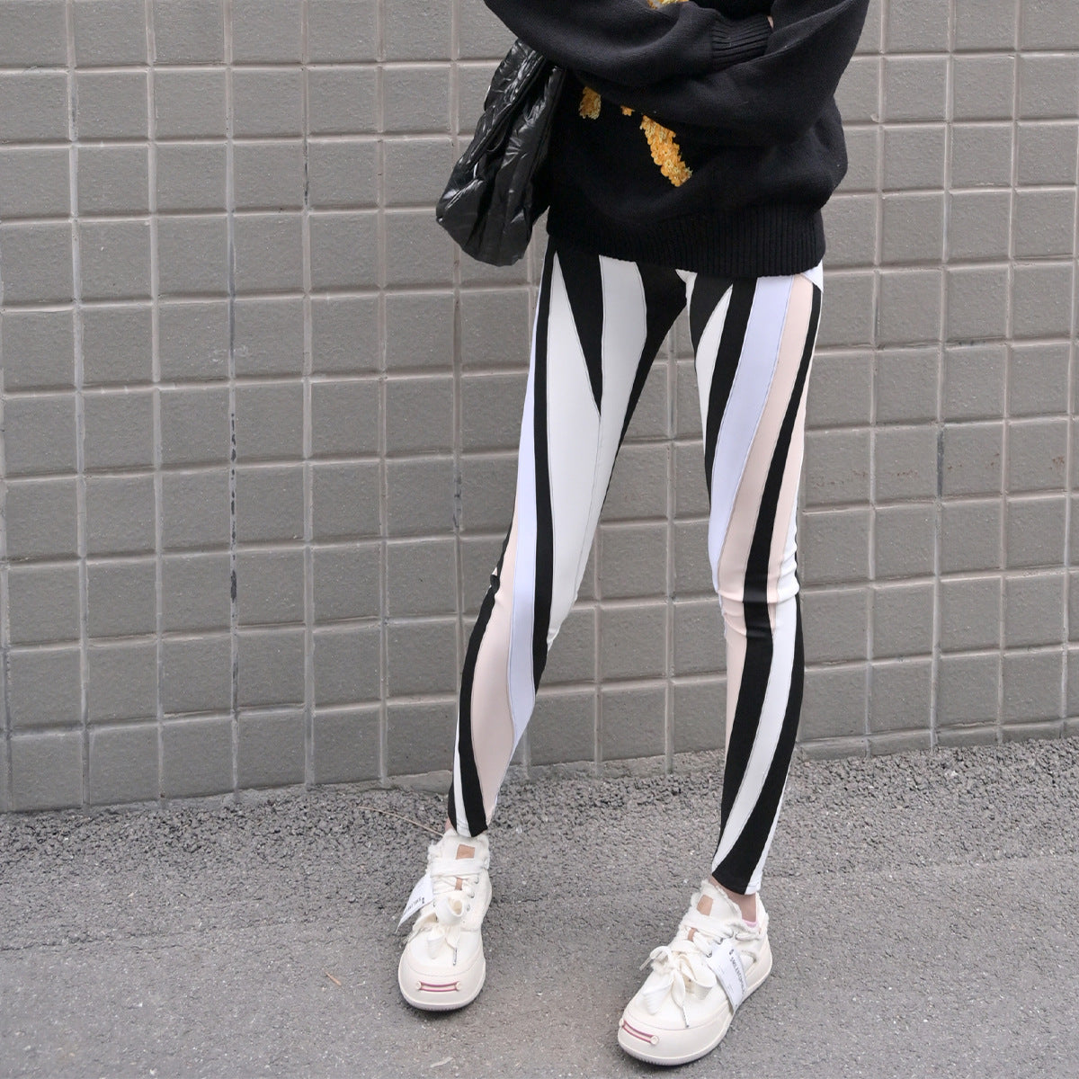 High waisted elastic splicing design, elastic waistband leggings, high-end women's clothing, light luxury, niche