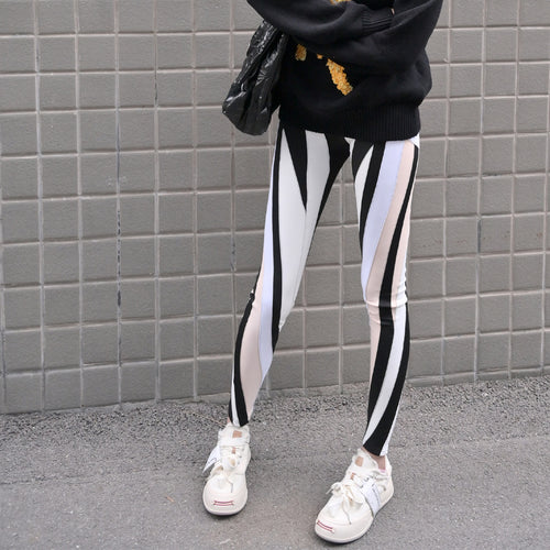 High waisted elastic splicing design, elastic waistband leggings, high-end women's clothing, light luxury, niche