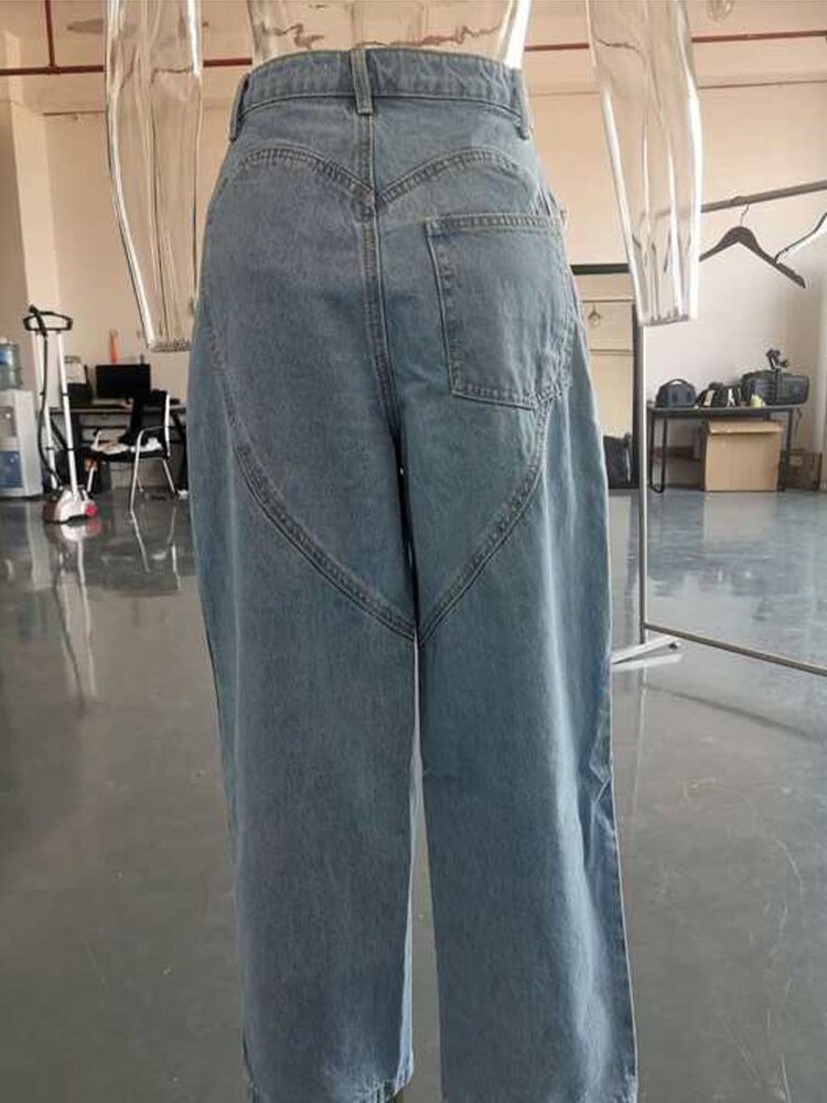 Hollow Out Jeans Heart Shaped Diamond Loose Straight High Street Style Ankle Length Women Pants