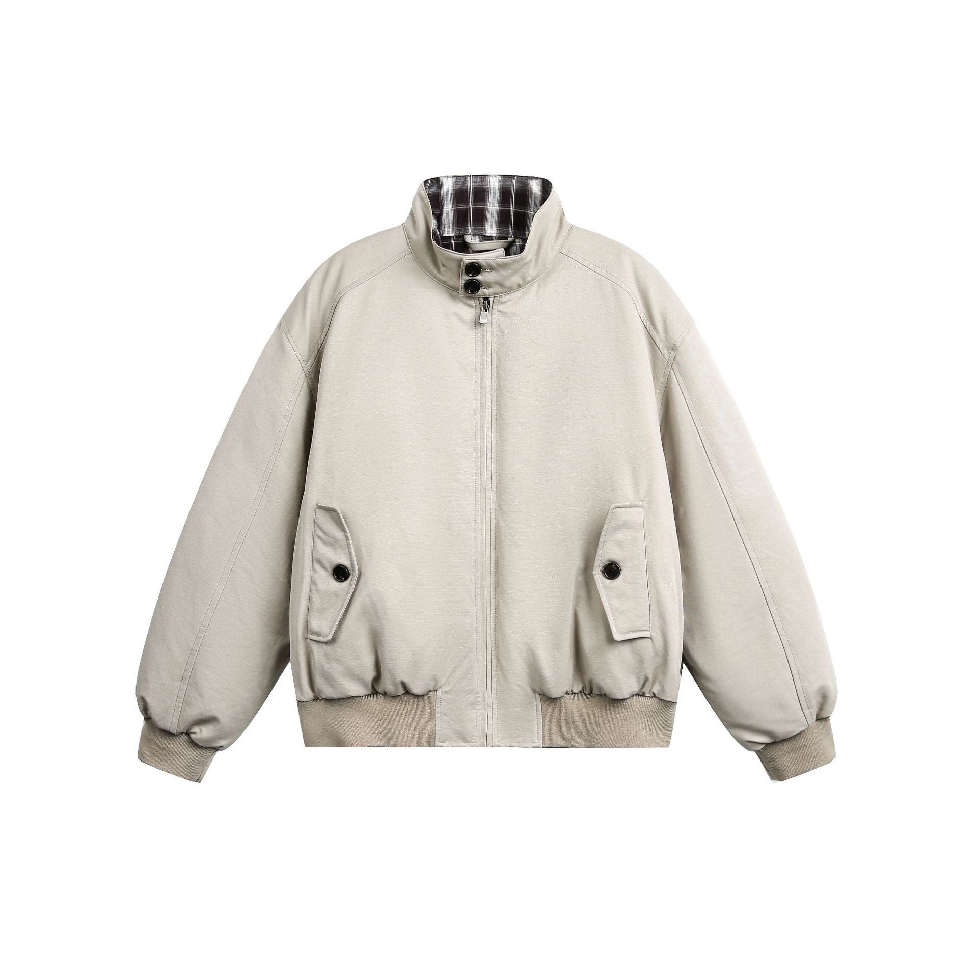 Stand-up Collar Plaid Lining Workwear Style White Duck Down Winter Coat