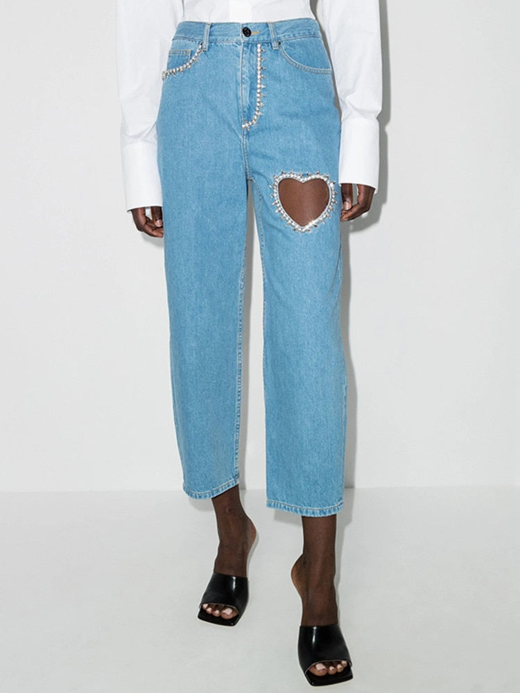 Hollow Out Jeans Heart Shaped Diamond Loose Straight High Street Style Ankle Length Women Pants