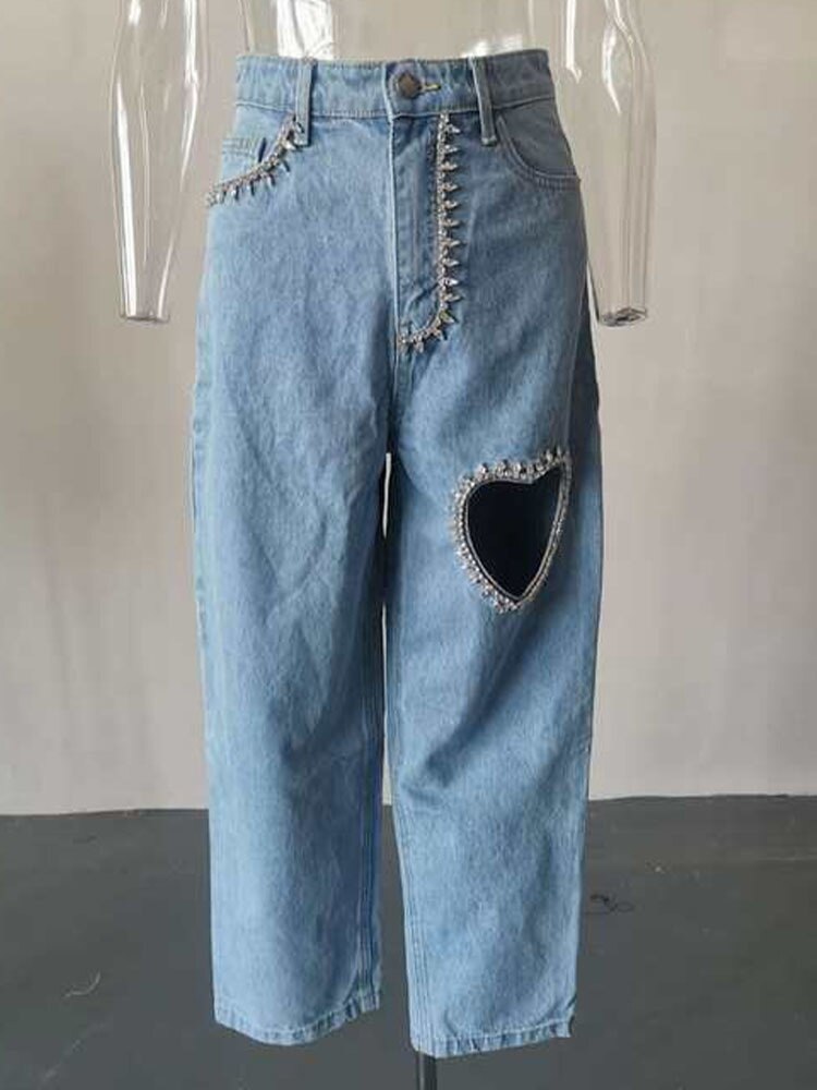 Hollow Out Jeans Heart Shaped Diamond Loose Straight High Street Style Ankle Length Women Pants
